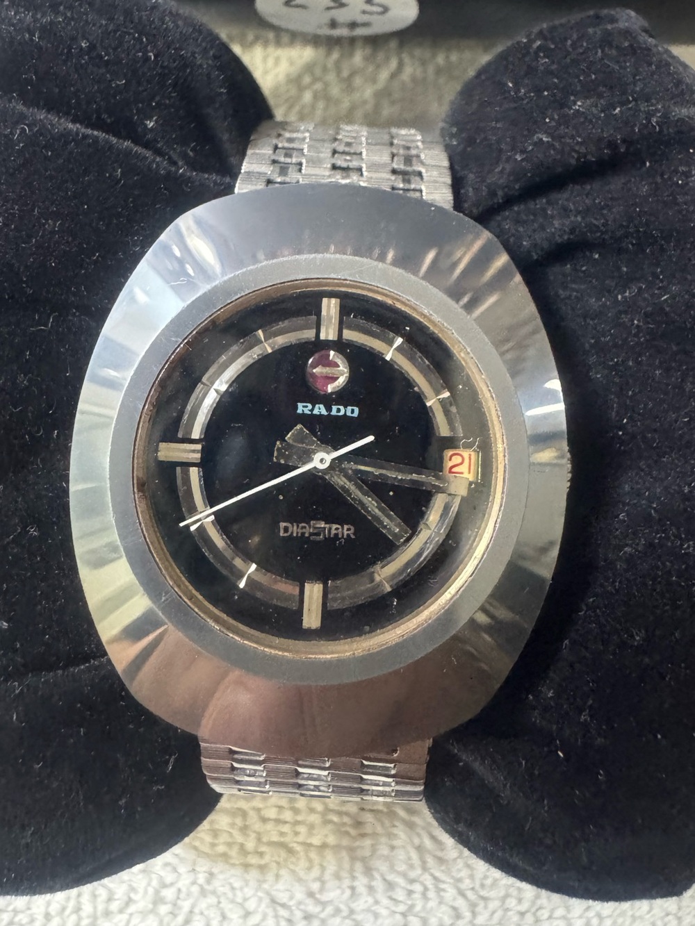 #235 Rado DiaStar Silver Case Black Dial Watch with Red Accent